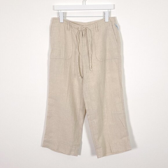 LizWear Cream 100% Linen Drawstring Cropped Pants - Picture 1 of 10